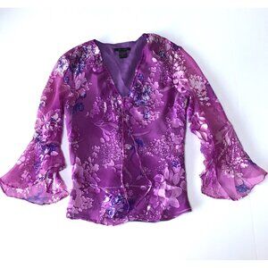 Y2K Anne Carson Silk Blouse Small Floral Burnout Fairy Grunge Bell Sleeves Top